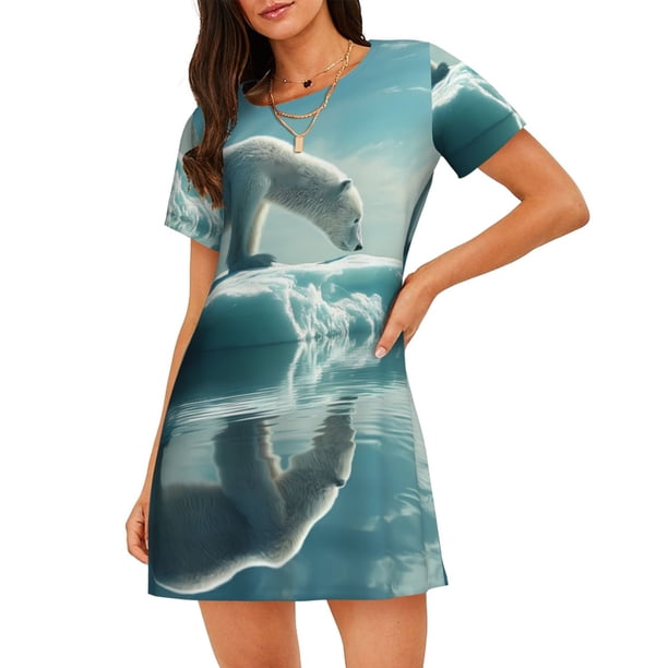 Balery Polar Bear On Iceberg Camisón de manga corta con cuello redondo para mujer, cómodo y elegante.