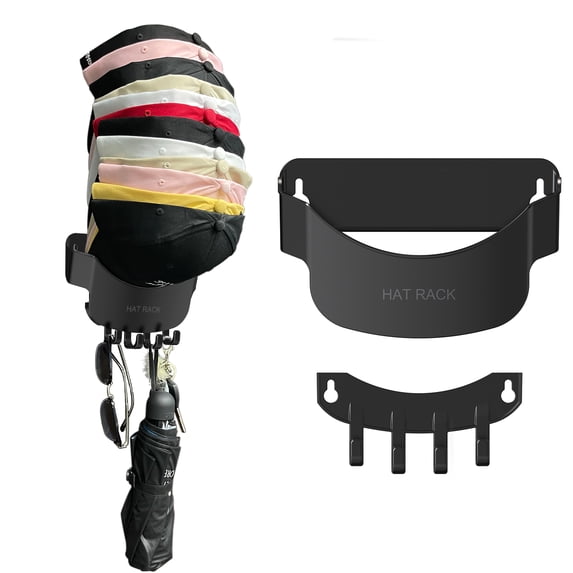 Wall Mount Hat Rack 20 Ball Cap Storage with Hooks, Hat Holder and Baseball Cap Organizer Compact Hat Organization System, Hat Hanger with 4 Hooks for Wall, Closet, Doors, Living Room and Bedroom