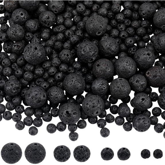 580Pcs 4mm 6.5mm 8mm 10mm Black Lava Beads Natural Lava Rock Beads Round Ball Small Loose Spacer Stone Charms Findings Accessories for Jewelry Making Necklaces Bracelets DIY Crafts Decor