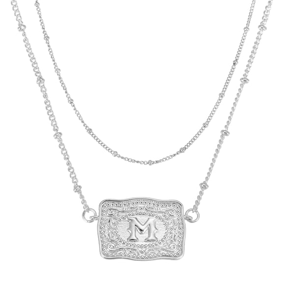 Uxcell Embossed Belt Buckle Necklace, 1 Set Western Initial Cow Tag Necklace with Beaded Chain Western Jewelry for Women Men Birthday Gift, Letter M(Silver)