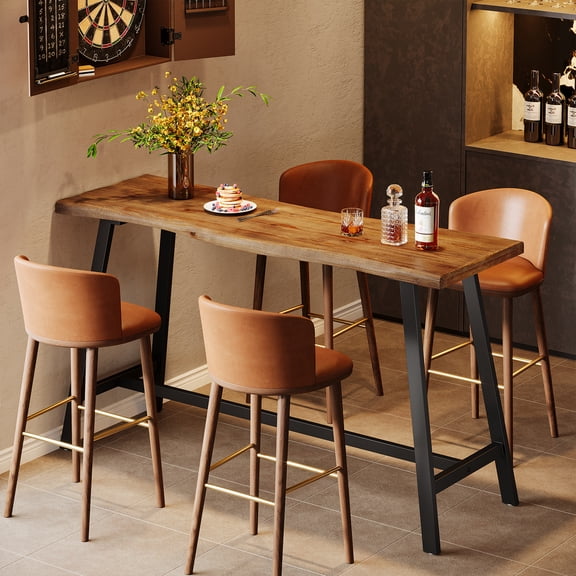 Finmind 55.12-inch Solid Wood Bar Table, Industrial Counter Height Pub Table with Sturdy Metal Frame, for Pub/Kitchen/Living Room, Brown and Black
