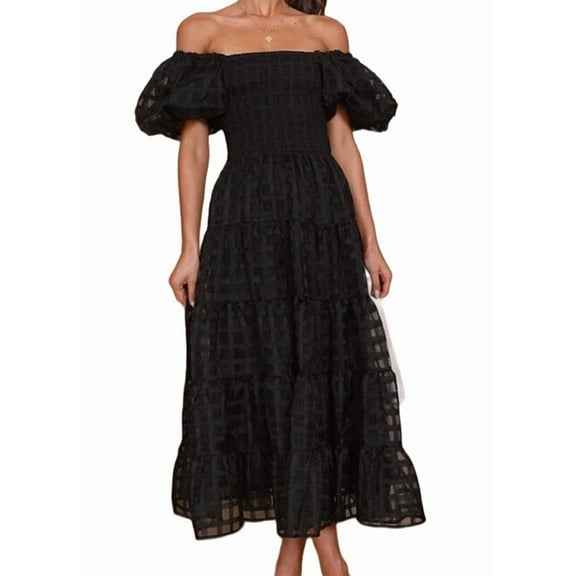 Women'S Puffy Short Sleeve Square Neck Smocked Tiered A Line Maxi Long Dresses Black L