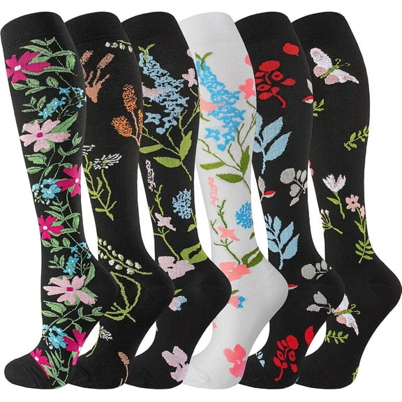 6 Pairs Compression Socks for Women & Men Circulation-Support Knee High Socks for Running,Travel,L/XL