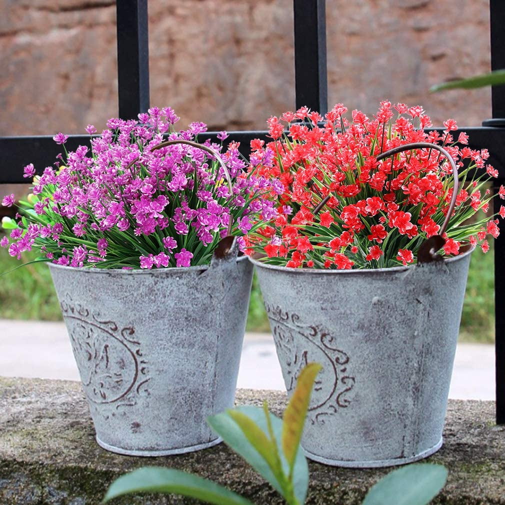8 Bundles Outdoor Artificial Fake Flowers UV Resistant Shrubs Plants, Faux Plastic Greenery for Indoor Outside Hanging Plants Garden Porch Window Box Home Wedding Farmhouse Decor (Orange Red)
