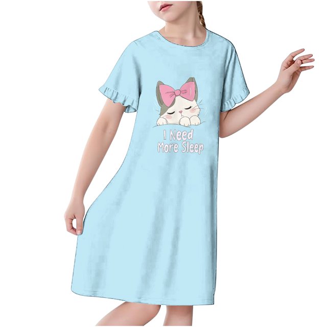 RXIRUCGD 2025 Vêtements d'Été pour Enfants 3-12 Ans Mode Imprimée Pyjama Rêveur Mi-Mollet Chemise de Nuit