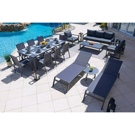 Juno 14-Piece Large Aluminum Combination Furniture for Patio Outdoor Combination Sofa Set, Six-Seat Dining Set, and Chaise Lounge Sets (14-Piece, Charcoal)