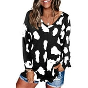 T-Shirts for Women Plus Size Long Sleeve V-Neck Blouses Loose Tunic Tops Leopard Tee