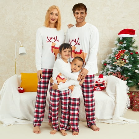 

Multitrust Christmas Matching Family Pajamas Elk Print Pullover + Plaid Pants