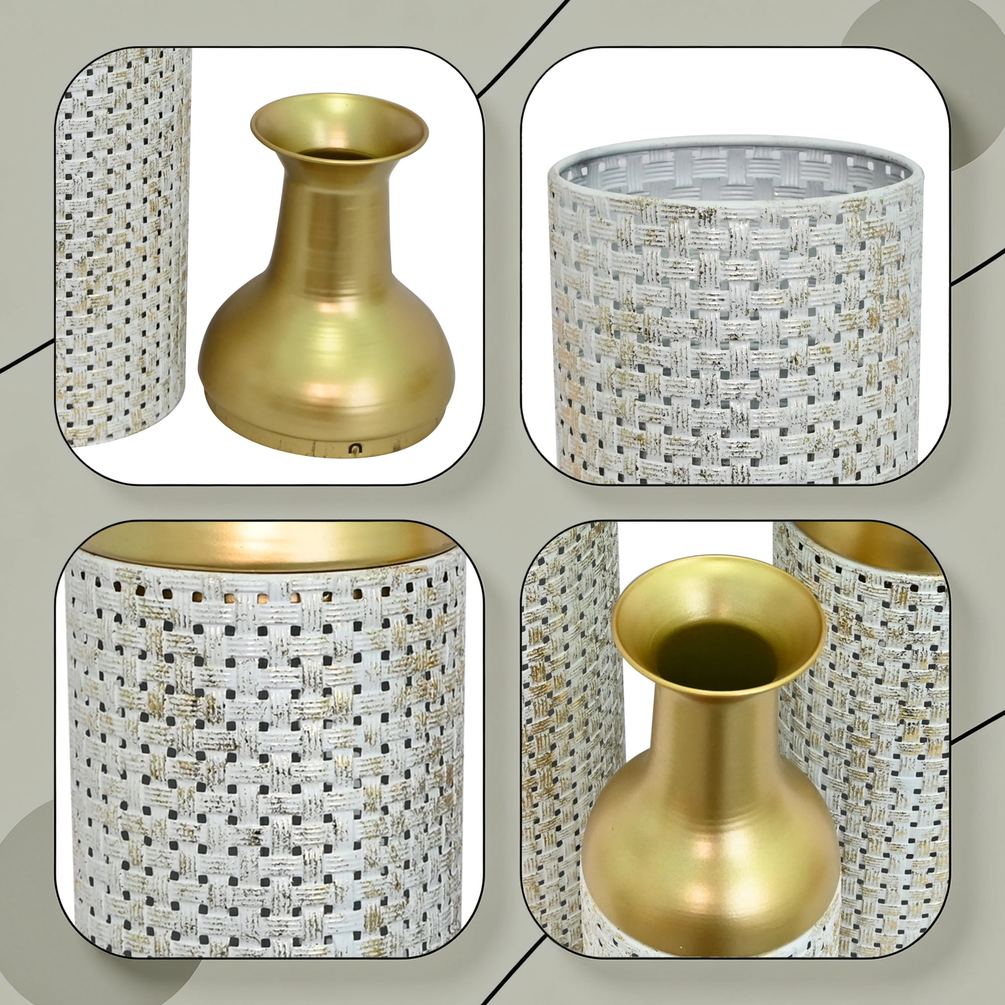 Leumius Decorative Metal Vases Set of 3, Gold Leaf Pattern Floor Vases, White & Gold Tall Vases for Home Decor, Living Room Entryway Decor
