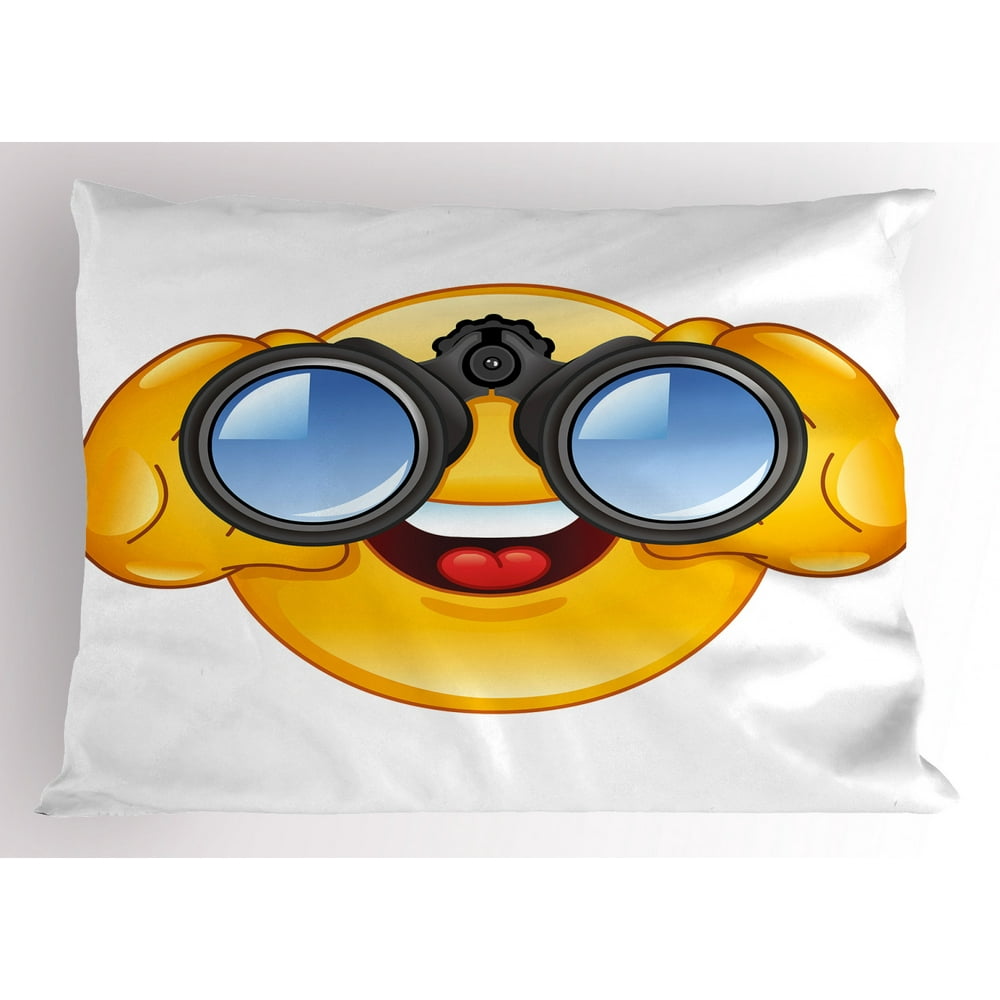 Emoji Pillow Sham Smiley Face with a Telescope Binoculars Glasses