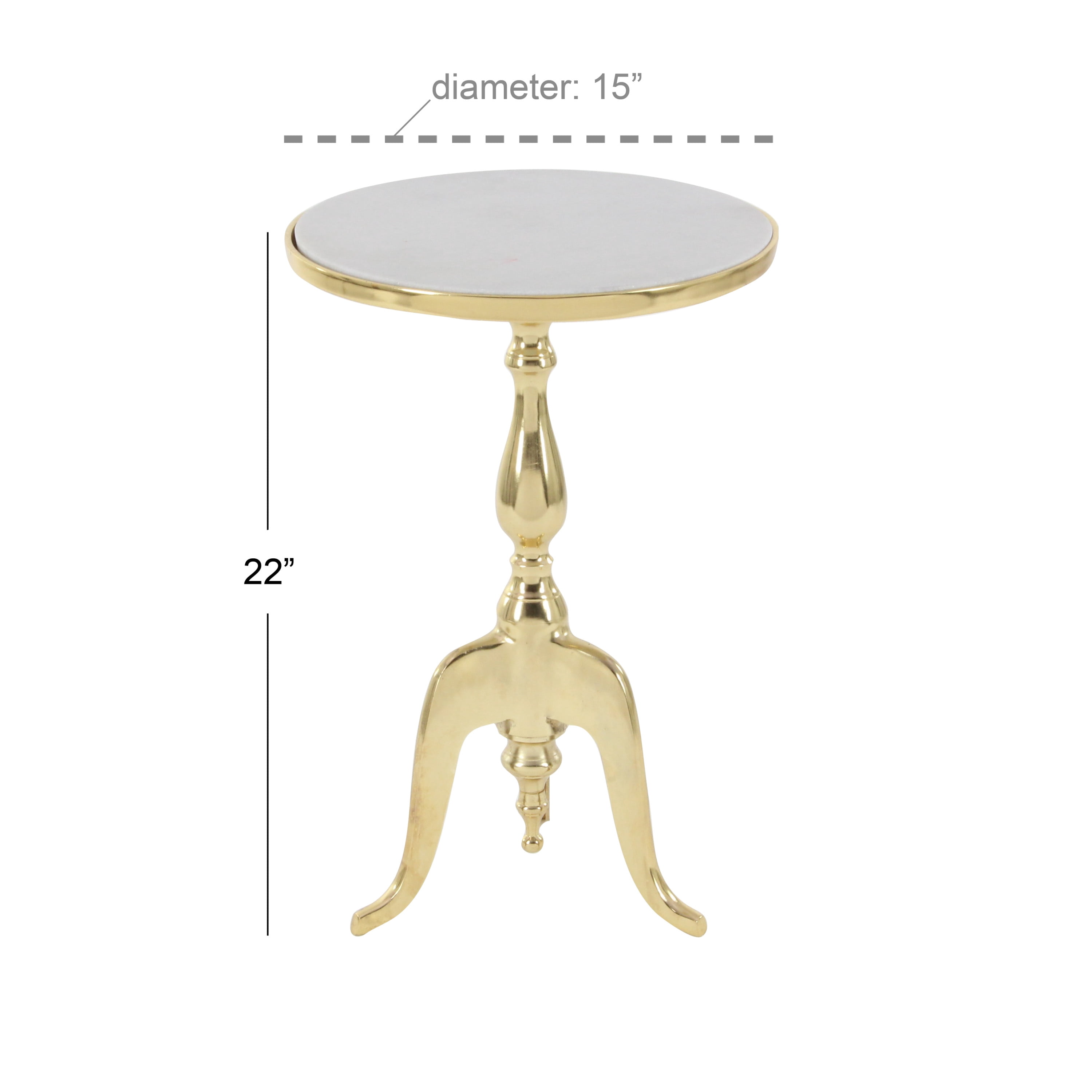 DecMode Elegant Gold Traditional Accent Table with Marble Top and Curved Leg Stand, 15"W x 22"H