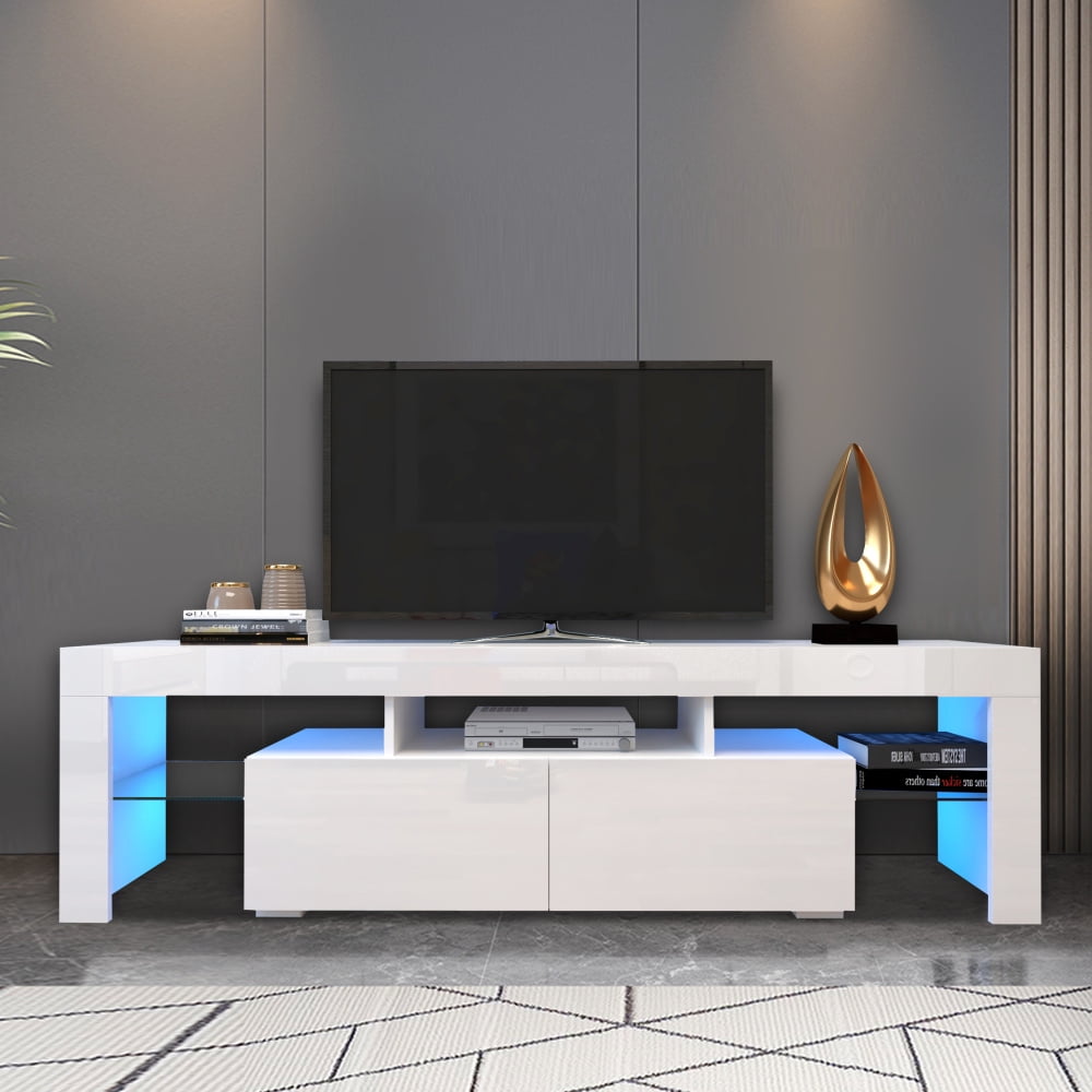 Modern 130cm High Gloss Door and Matt Body TV Unit Stand Cabinet W//LED Lights Flat Screen TV Cabinet Console Table for Livingroom Bedroom with Storage Drawer