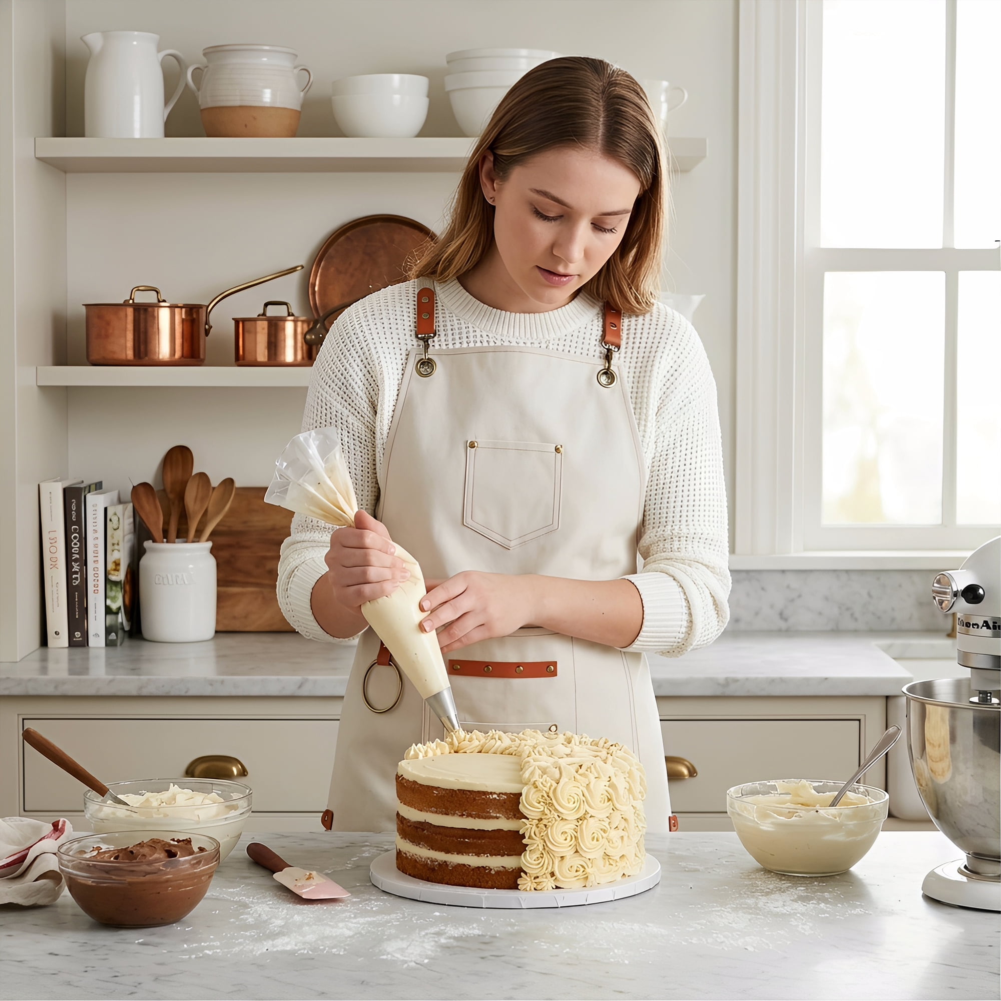 Unique Bargains Adjustable Cooking Apron with Pockets for Home and Kitchen Cream