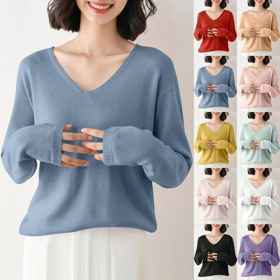 Dagugfen Ladies Tops and Blouses Ribbed V Neck Cute Loose Comfy Work Casual Long Sleeve Shirts Solid Color