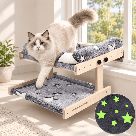 Double Layer Cat Window Perch Glow In The Dark Cordless Pet Hammock Bed