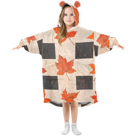 

joogoo Wearable Blanket Hoodie for Kids Autumn Leaves on Black Checkered Flannel Oversized Sweatshirt 3-14 Years M