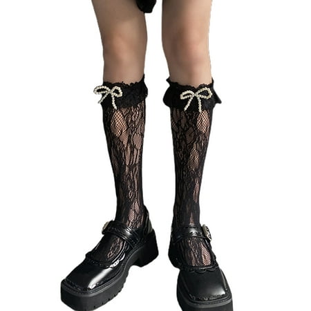 

SIEYIO Women Lolita Sweet Frilly Ruffled Lace Knee High Socks Harajuku Japanese Style Kawaii Faux Pearl Beaded Bowknot Hollow Out Mesh Calf Stockings