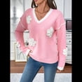 thumbnail image 4 of Suéter de Felpa con Cuello en V para Mujer, Informal, Holgado, de Larga, de Punto Grueso Rosa L, 4 of 10