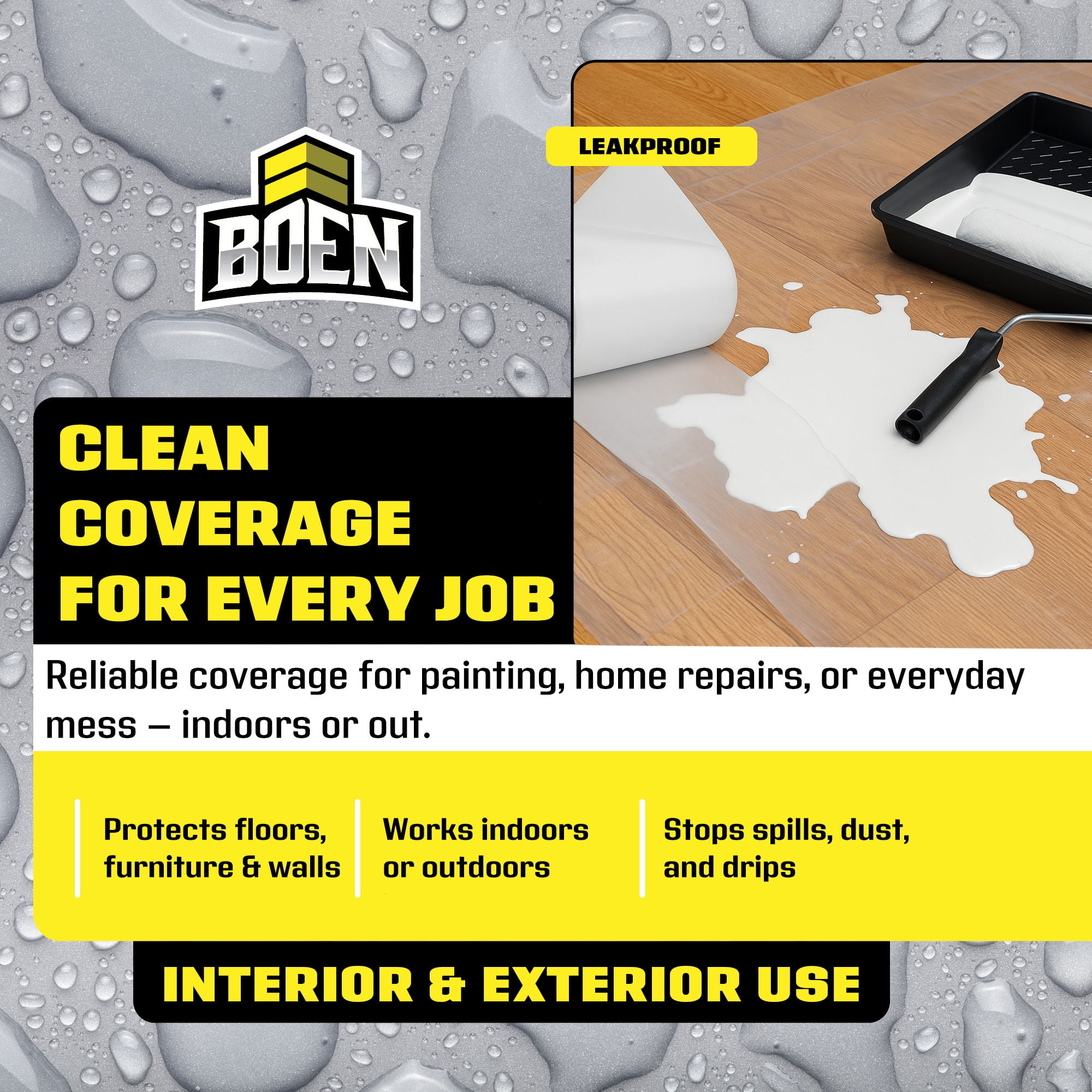 BOEN 10 ft x 25 ft Plastic Drop Cloth, 12-Pack, 3 Mil Thick, Waterproof, Disposable