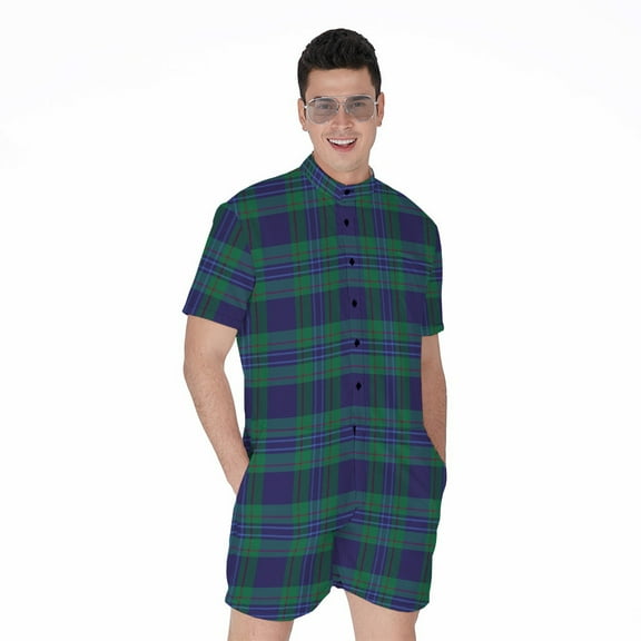 Blue Green And Red Tartan Pattern Short Sleeve Men'S Rompers, Tartan Plaid Retro Casual Summer Jumpsuits Outfit