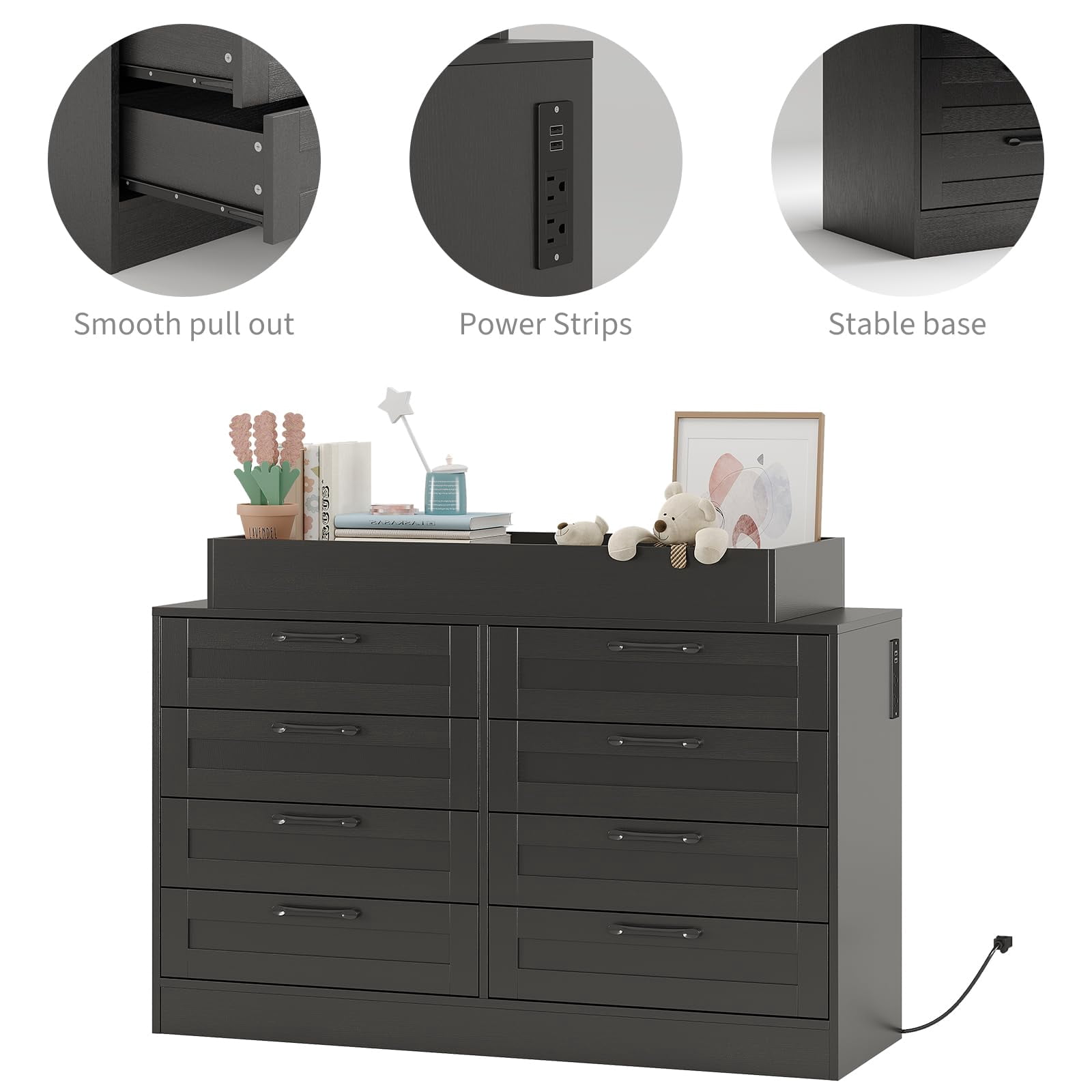 Danolapsi Baby Changing Dresser with 8 Drawers,Wooden Nursery Dresser with Safety Rail & Open Shelf, Changing Table Station Space-Saving Organizer