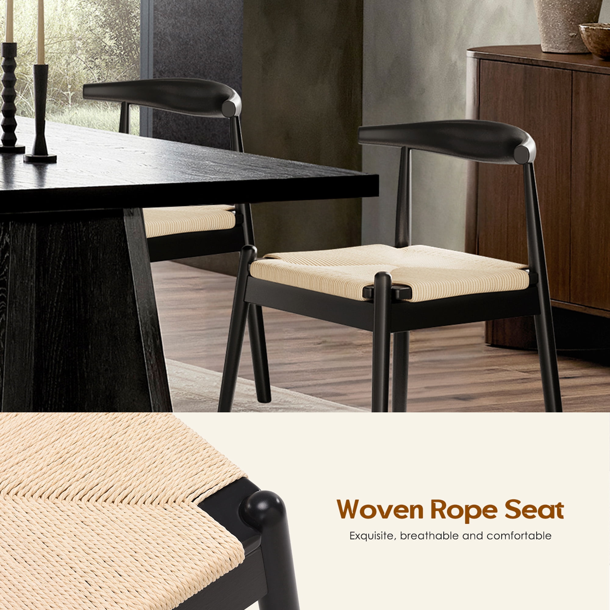 MAYEERTY Set of 2 Modern Dining Chairs, Solid Wood Legs & Woven Rope for Dining Room, Black-beige