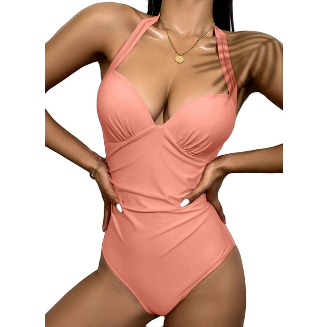 Ersazi Womens Bathing Suits One Piece Solid Color Swimwear High Waist Swimwear In Clearance Pink M
