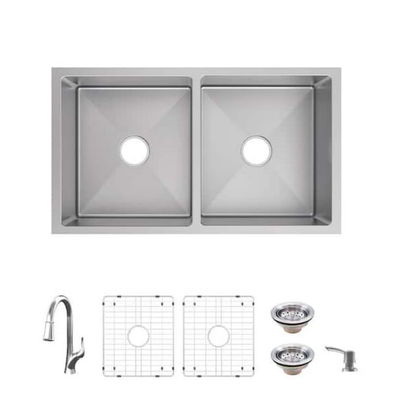 Glacier Bay Tight Radius 31 in. Undermount 50/50 Double Bowl 18 Gauge Stainless Steel Kitchen Sink with Accessories