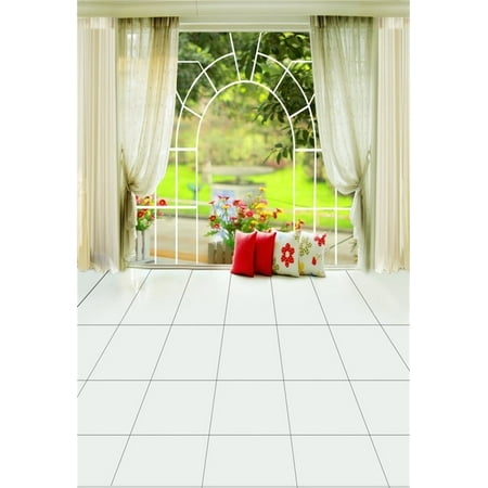 Image of GreenDecor 5x7ft Artistic Background Photography Backdrop Wedding Sweet Room Window Curtain Pillows Flowers Floor Tiles Child Portrait Scene Indoor De