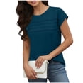 thumbnail image 2 of Craaazy Women's Relaxed Fit Crew Neck Blouse, Solid Color Short Sleeve Pleated Top, Loose Comfy Casual Tee for Spring & Summer Gifts, 2 of 7