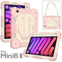 Dteck Kids Case for iPad mini 6 8.3 inch with Pencil Holder, Rotating Hand Strap Kickstand Shockproof Protective iPad mini 6th Gen Cover with Shoulder Strap, Rosegold Beige