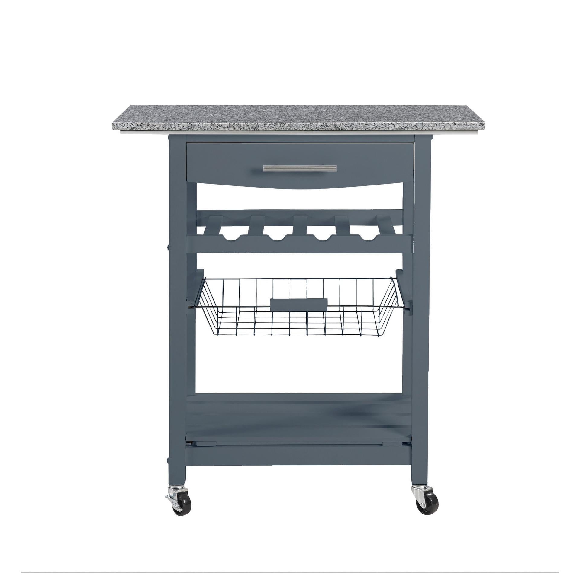 Mobile Rolling Kitchen Island Trolley Serving Cart with Underneath Drawer & Slide-Out Wire Storage Basket