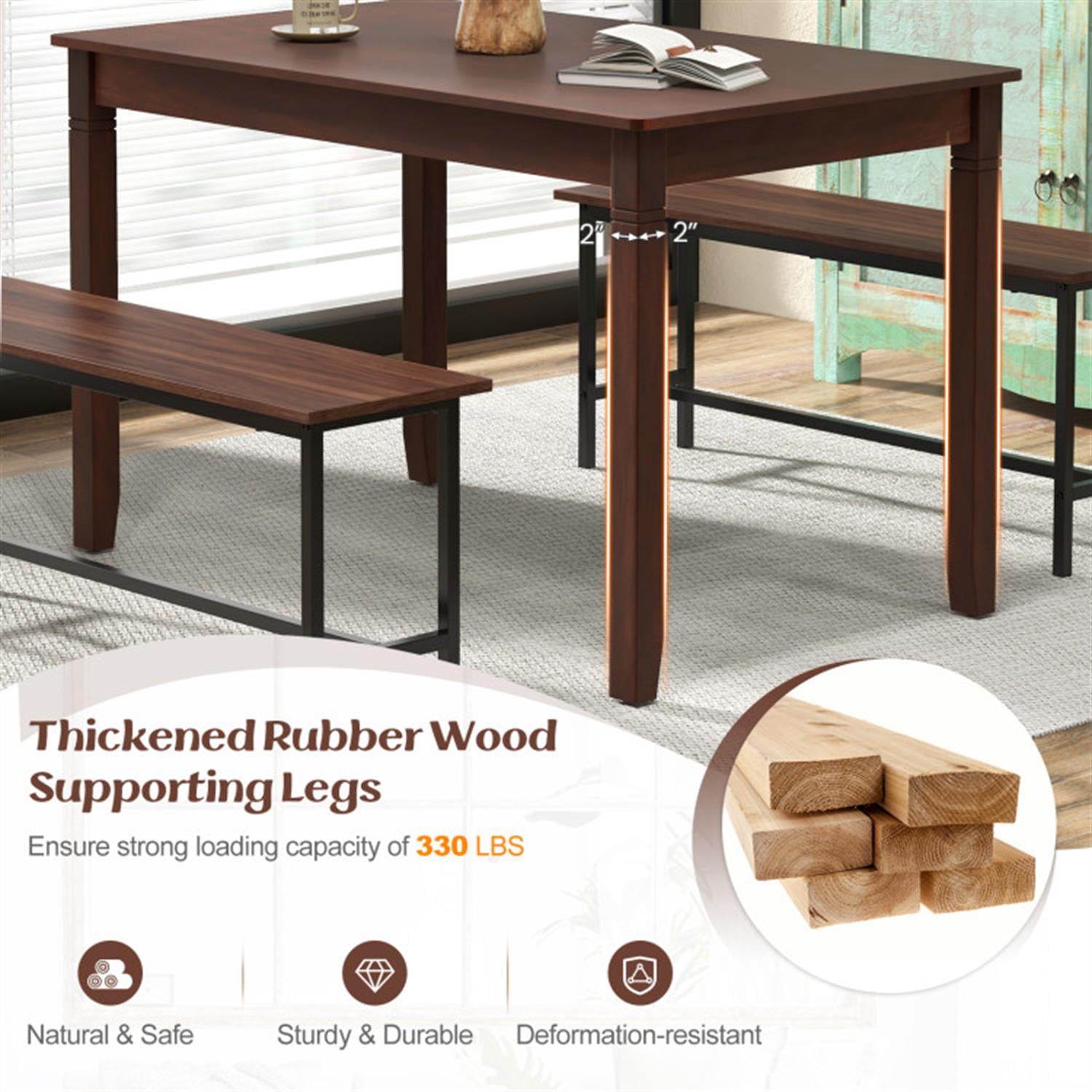 Demi Bonn 48" Wooden Dining Table for 4 People, Rectangular Kitchen Table with Rubber Wood Legs for Dining Room, Dinette, Brown