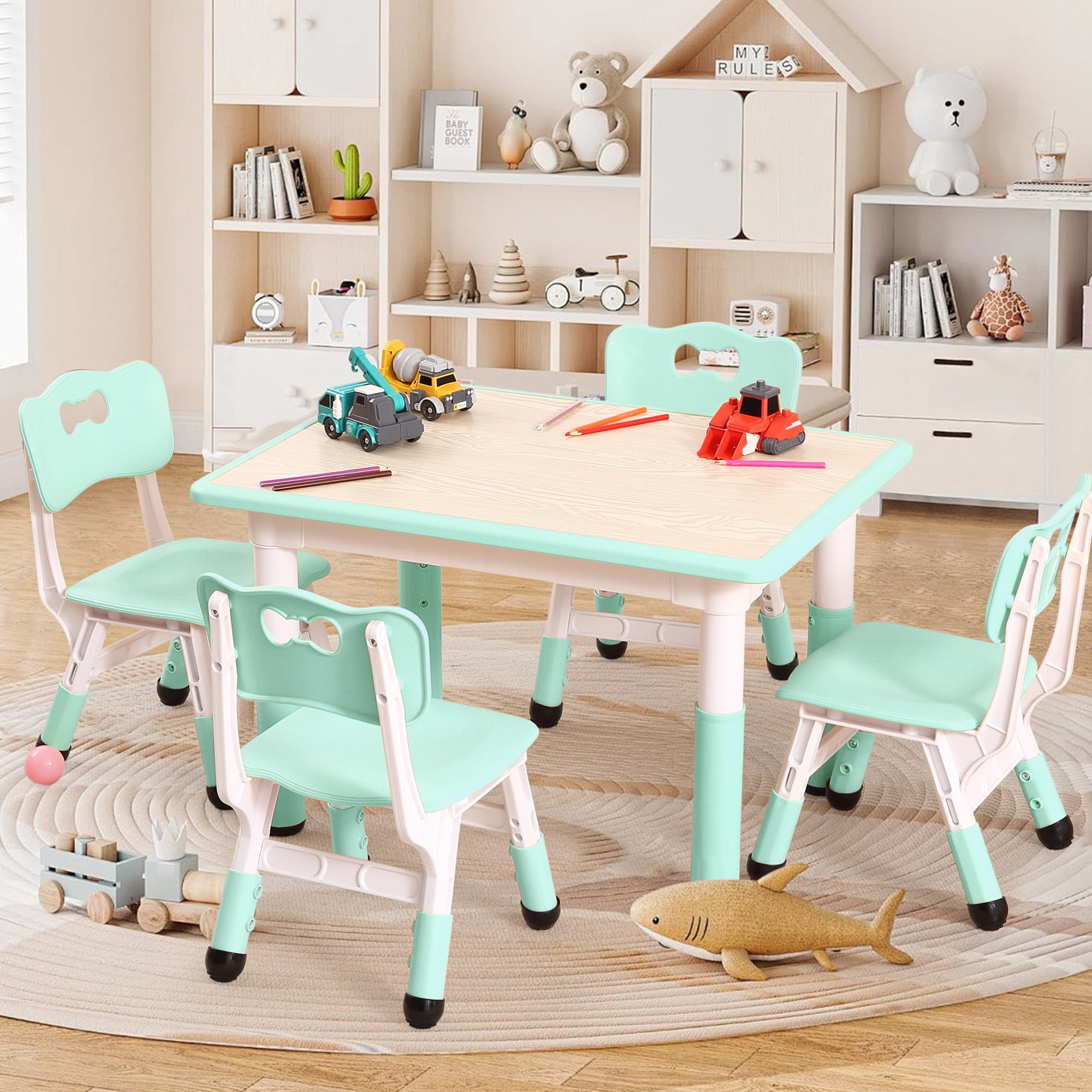Toddler Table and Chair Set, Height Adjustable Kids Table and Chair Set of 4, Toddler Table for Reading, Drawing, Eating, for Ages Over 3, Light Blue