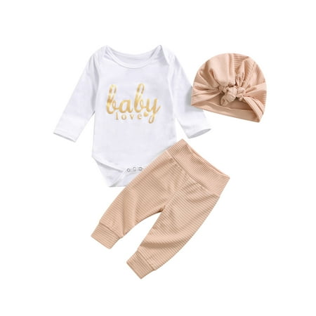 

IZhansean 3Pcs Newborn Infant Baby Girls Clothes Letter Long Sleeve Romper Tops Pants Hat Outfits Pink 12-18 Months