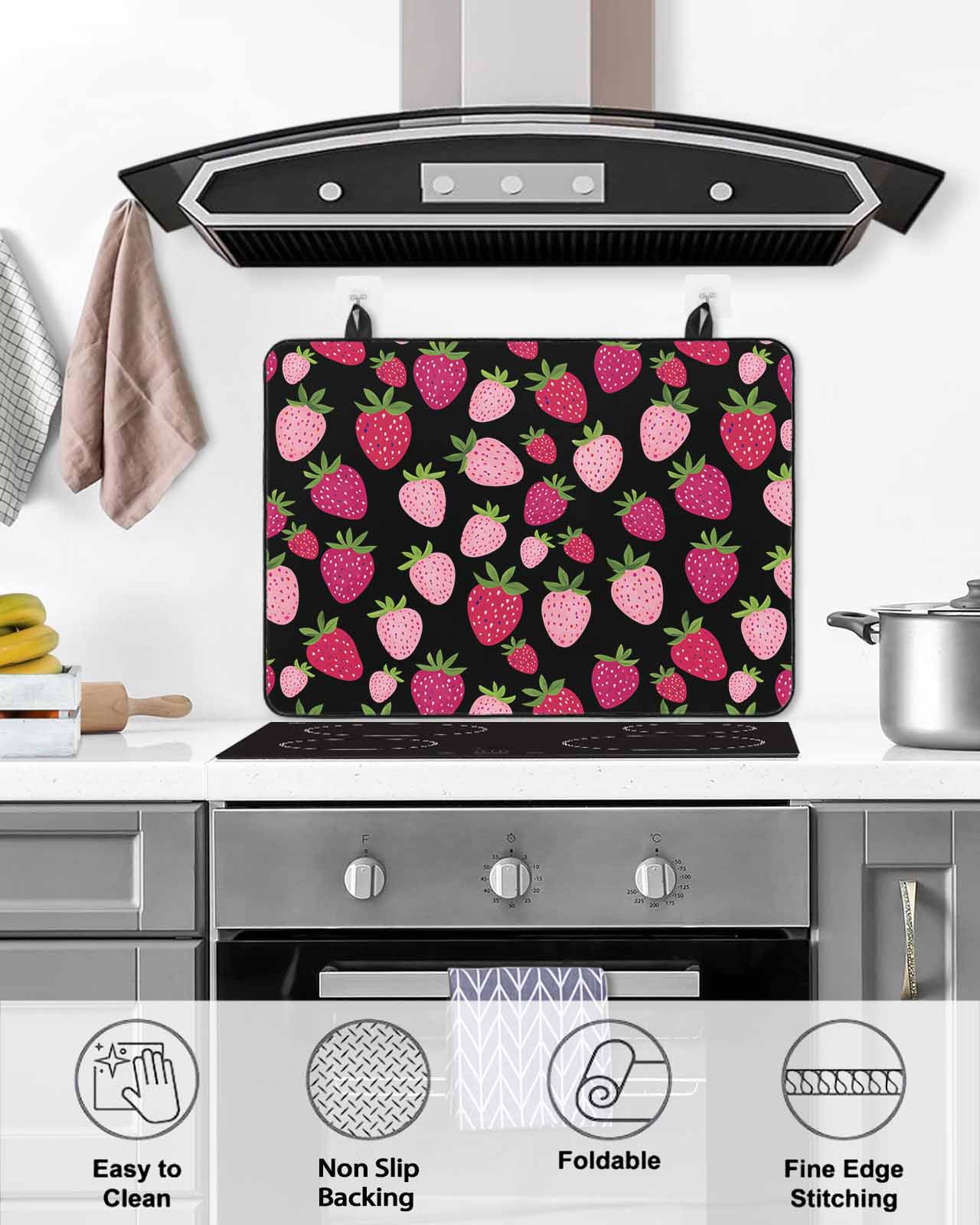 nqOlkjepod Large Induction Cooktop Protector Mat 24"x21", Red Pink Strawberry Stove Top Covers for Electric Stove, Black Lovely Summer Spring Fruit Stove Burner Cover Mats, Glass Top Stove Cover