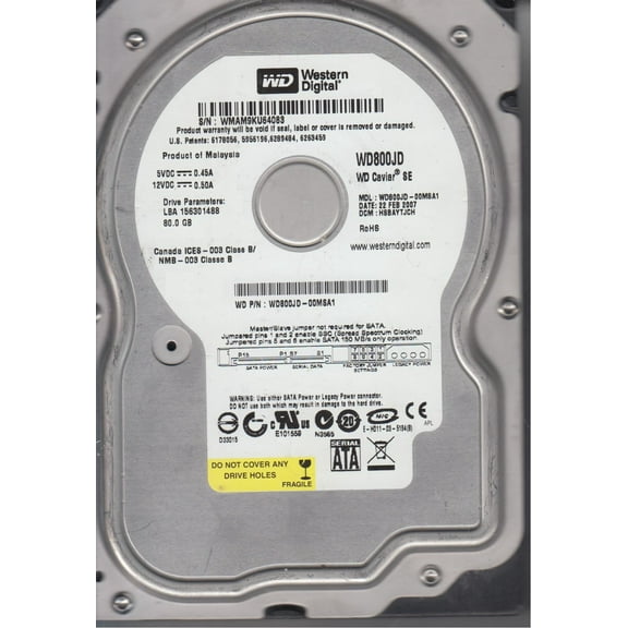 WD800JD-00MSA1, DCM HSBAYTJCH, Western Digital 80GB SATA 3.5 Hard Drive
