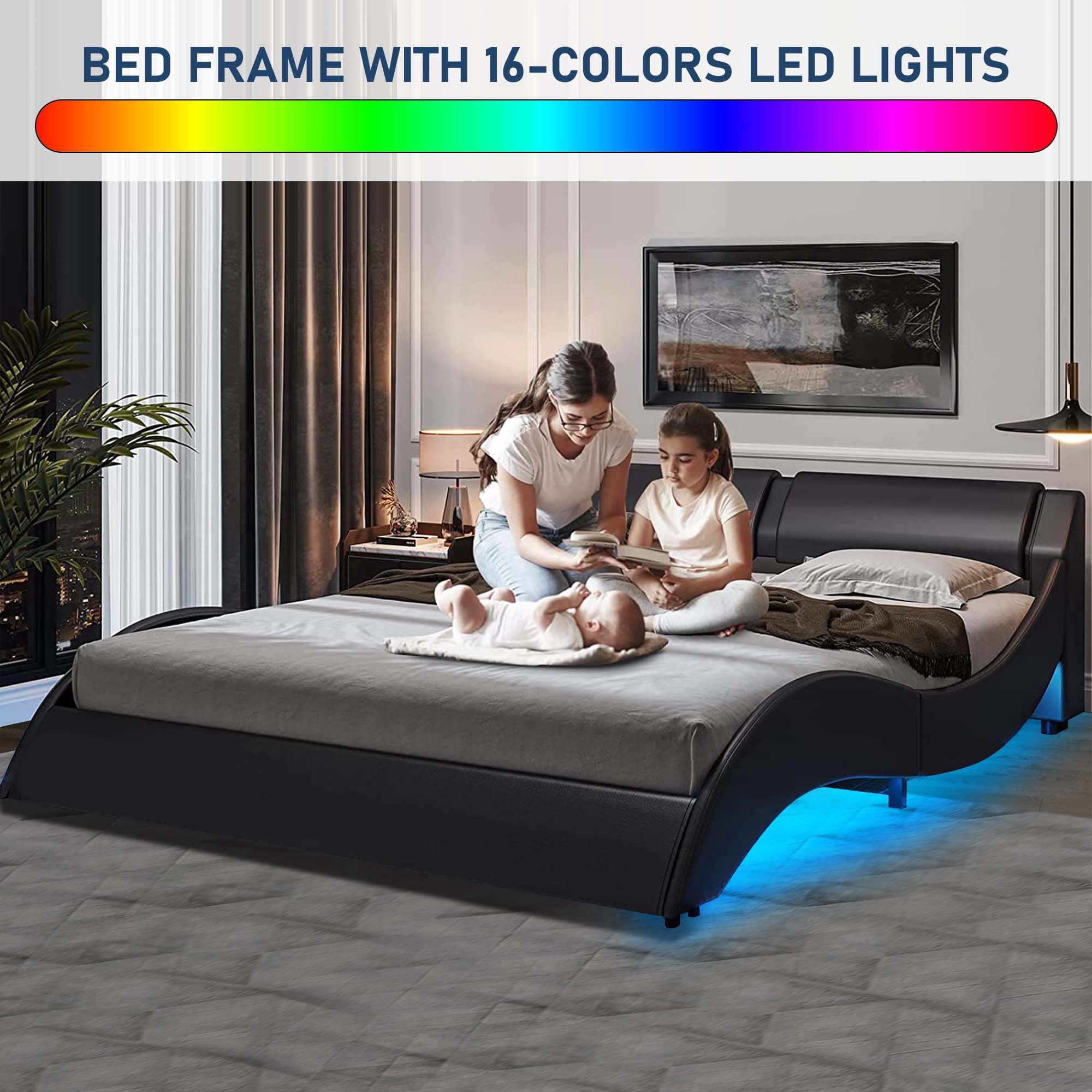 Aukfa Faux Leather Queen Upholstered LED Platform Bed Frame with Headboard, 16 LED Light Bed - Black