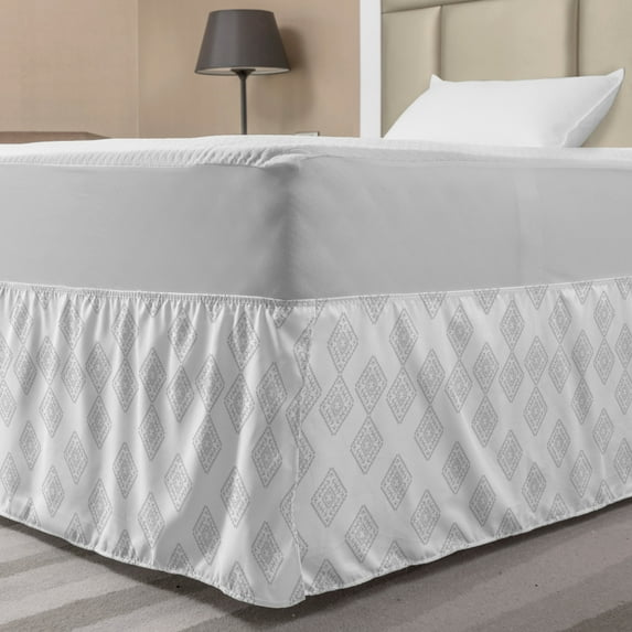 Abstract Art Bed Skirt, Monochrome Illustration Folkloric Tribal Geometric Shapes Along Stripes, Elastic Bedskirt Dust Ruffle Wrap Around for Bedding Decor, 4 Sizes, Pale Taupe White, by Ambesonne