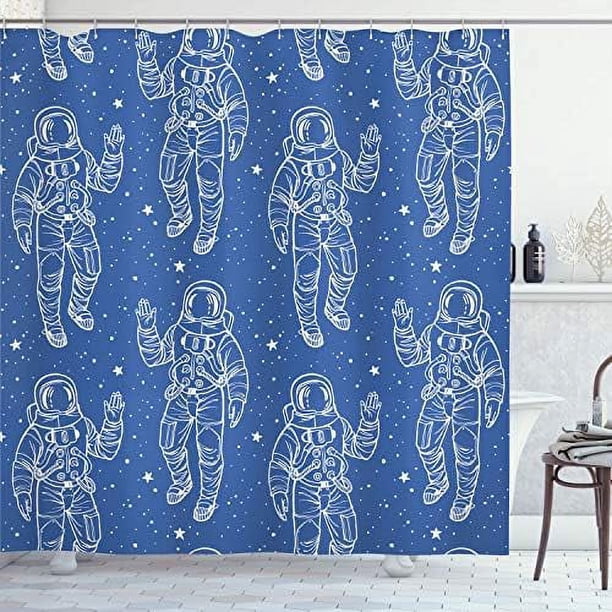 Cortina de ducha con diseño de astronauta en el cielo, estrellas, traje espacial cósmico, saludo con la mano levantada, juego de decoración de baño de tela con ganchos, 69" de ancho x 70" de largo,