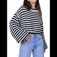 thumbnail image 3 of Suéter Vintage A Rayas para Mujer, Cuello Redondo, Larga, Corte en Bloque de Color, Informal, Holgado, de Punto Negro S, 3 of 9