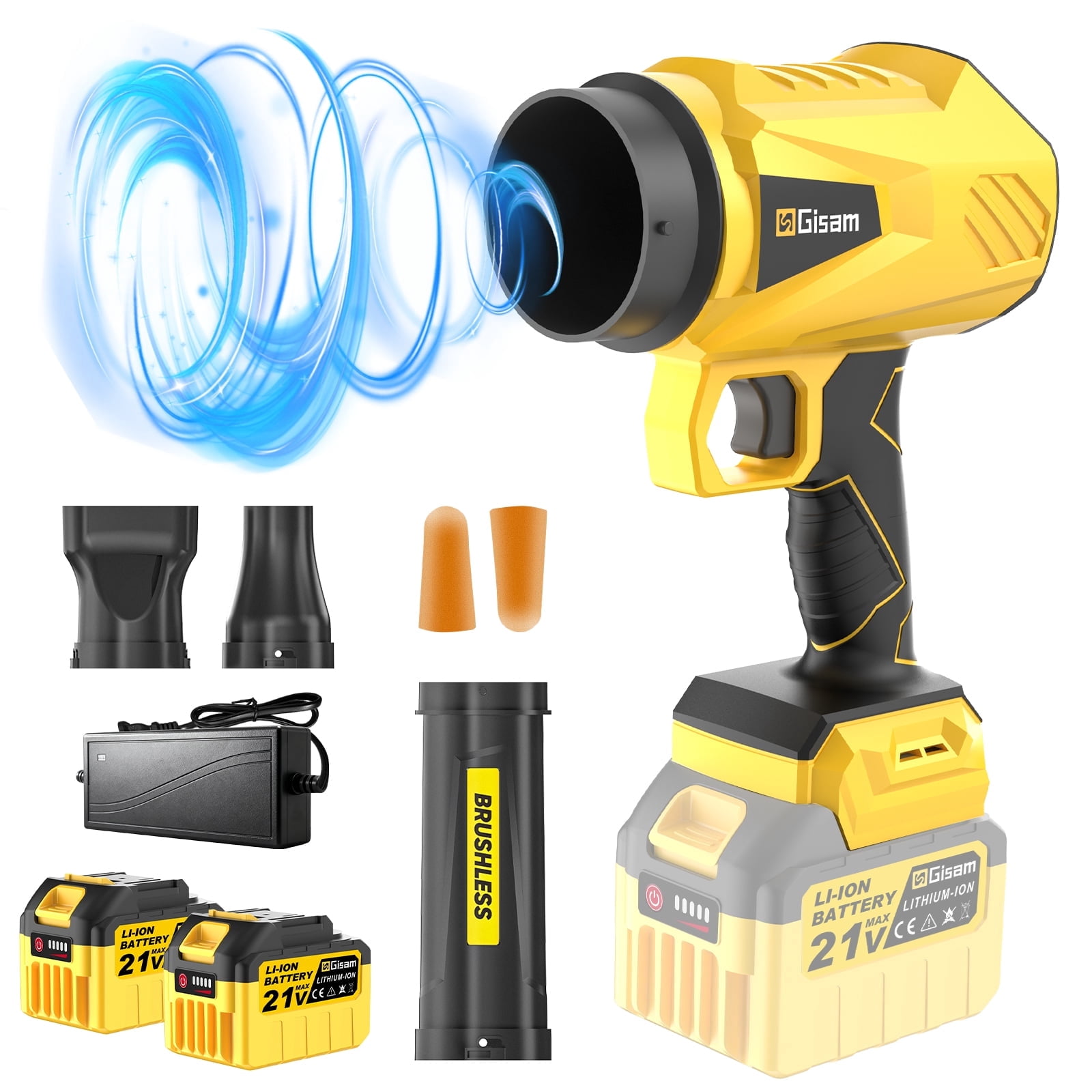Gisam Electric Blower, Cordless Brushless Leaf Blower with 2X 6.0Ah Batteries & Charger Included, Lightweight, Variable Air Speeds, Up To 200m/s