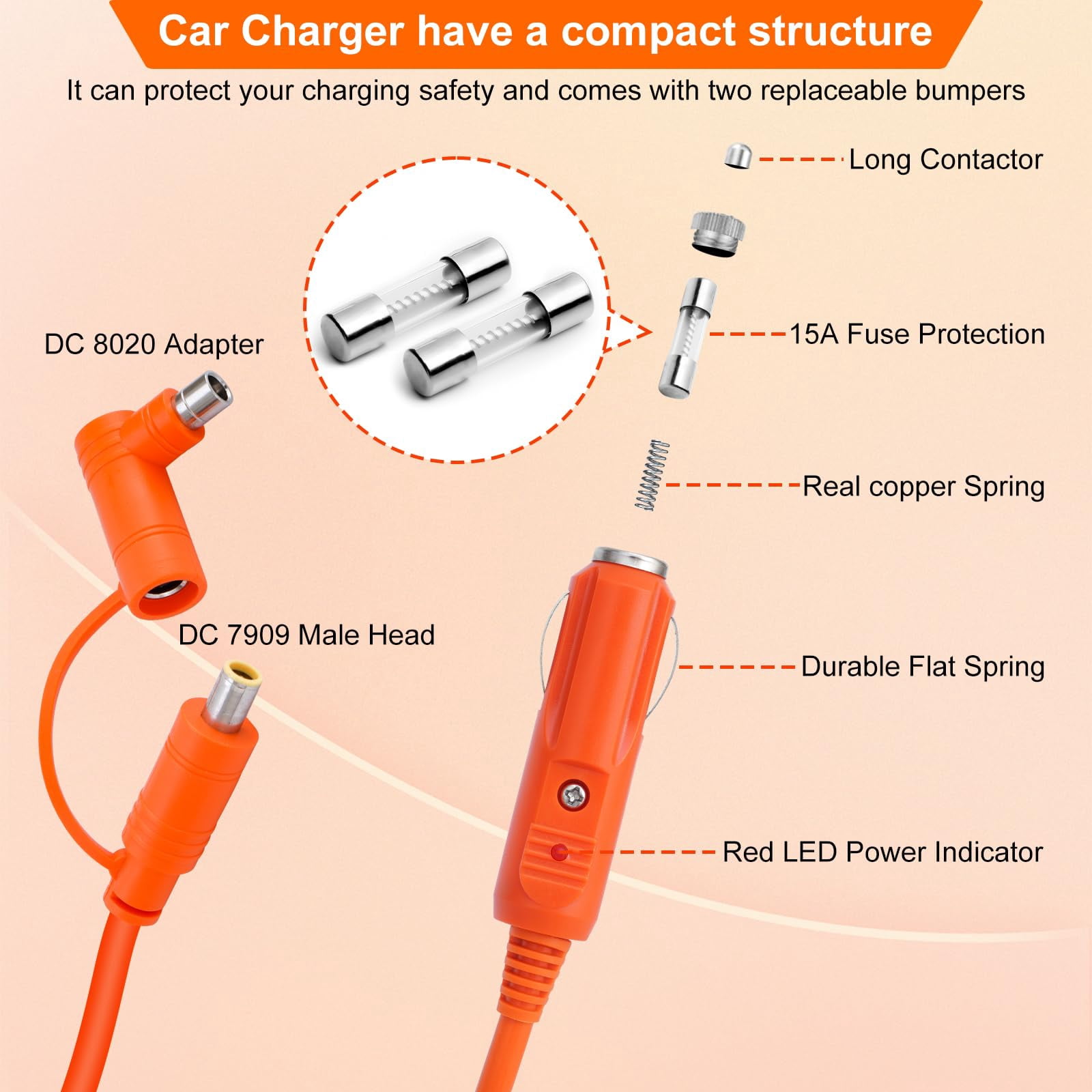 QIANJIA 14AWG 12V/24V Car Charger Cable for Jackery Portable Power Station,10FT/3M 15A Fast Charging Cord with DC7909 & DC8020 Plug Adapter - UL-Certified for RV, Truck, Fridge, Power Station