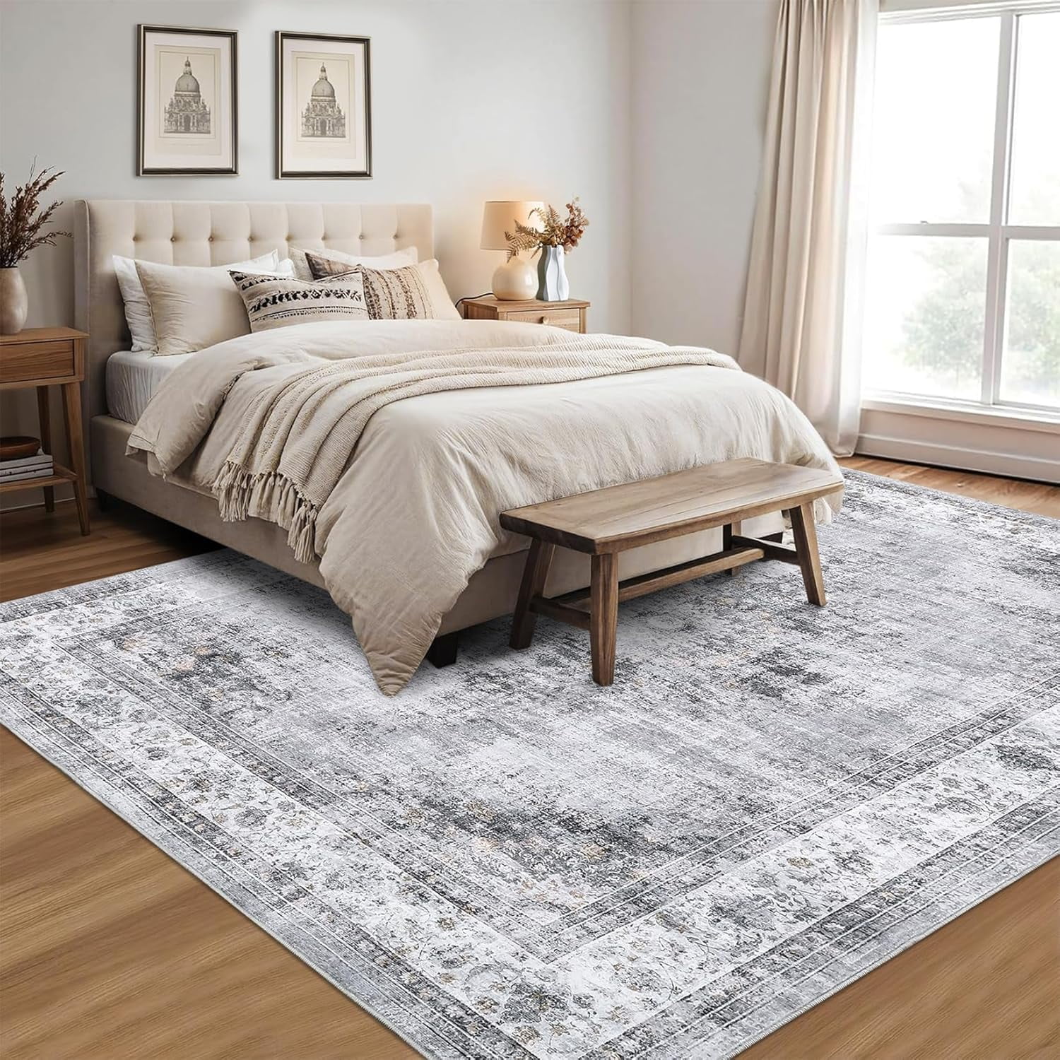 4x6 Bedroom Machine Washable Soft Dining Room Non Slip Vintage Indoor Throw Floor Carpet Medallion Distressed Area Rug for Under Table Home Office, Grey
