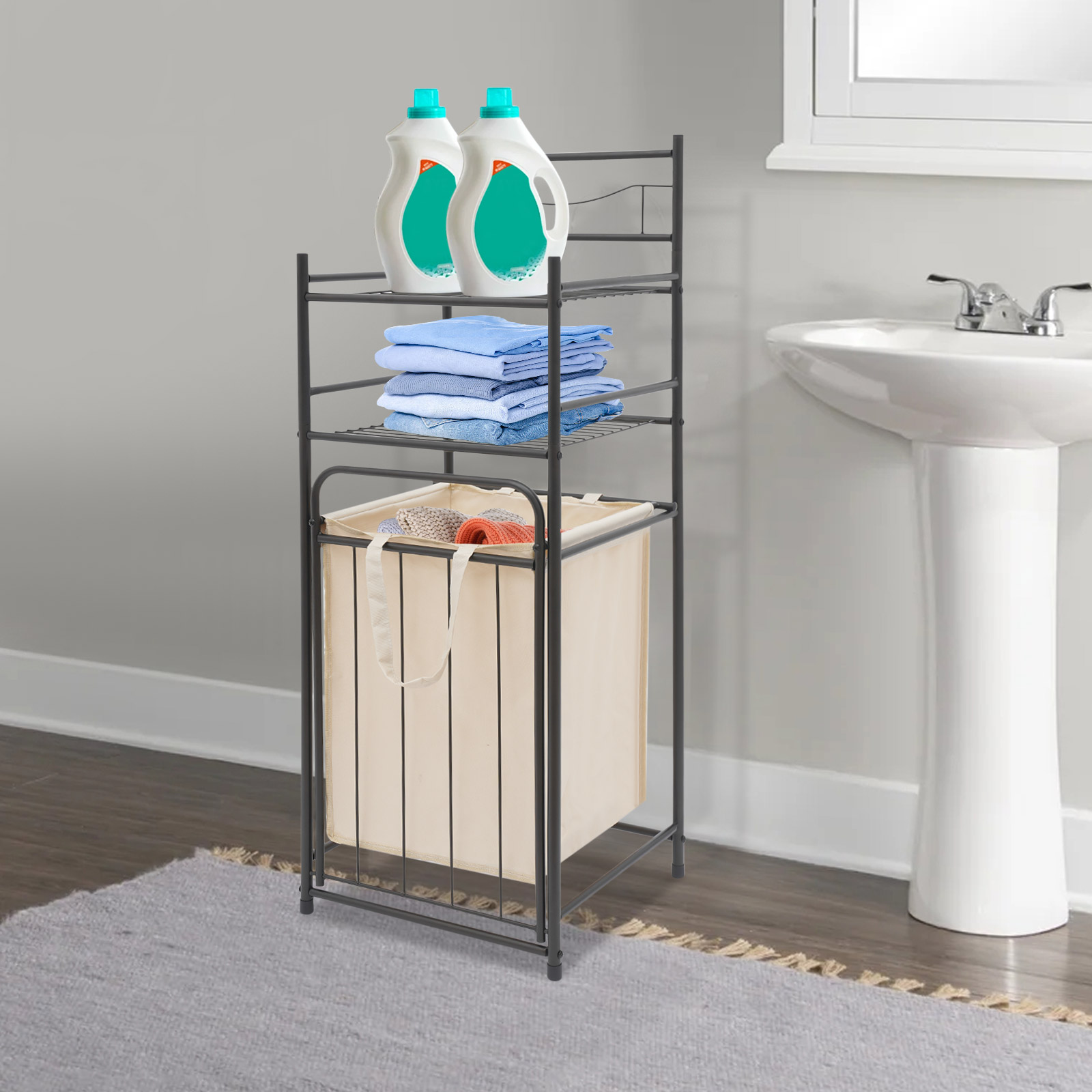 3-Tier Laundry Storage Basket Rack Laundry Rack with Removable Bag Laundry Basket with Shelf for Homes