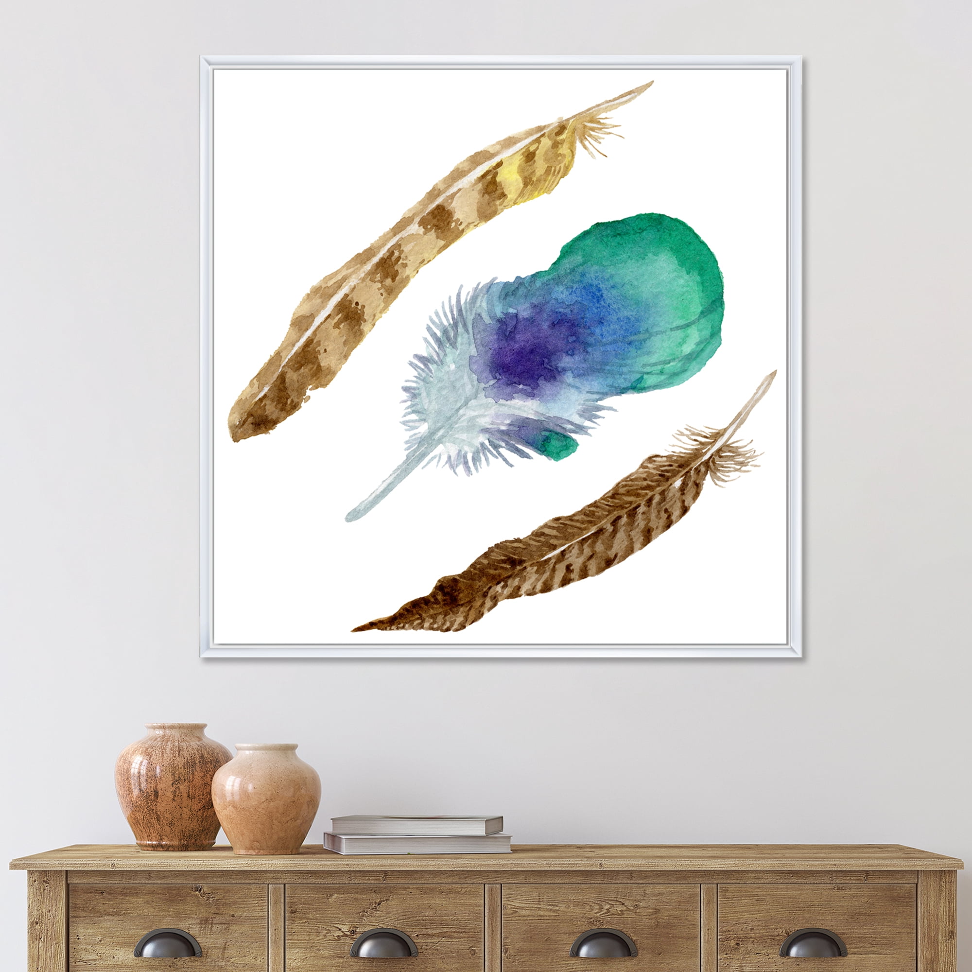 Designart 'Abstract Bird Feather From Wing Isolated' Bohemian & Eclectic Framed Canvas Wall Art Print