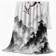 thumbnail image 2 of Red-Crowned Crane Japanese Ink Wash Landscape, Peaceful Mountain Lake Scene, Warm Flannel Blanket for Cabin and Lodge, Outdoor Lovers Camping Gift, Rustic Home Decor, 2 of 9