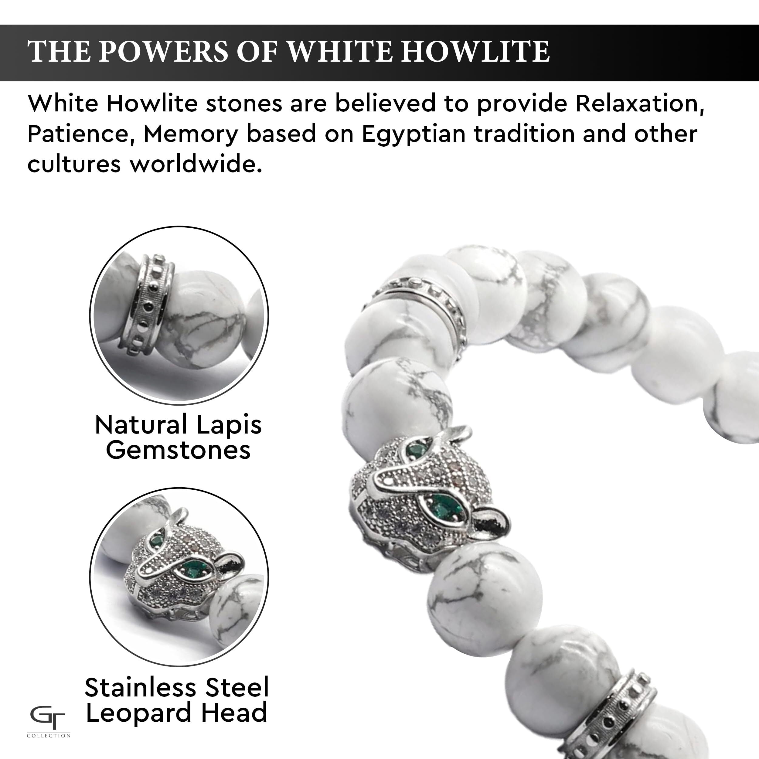 Men's WHITE HOWLITE Bracelet With Silver LEOPARD Head | Gift for Men | One Size Fits All | 100% Natural | Gemstone Adjustable Bracelet