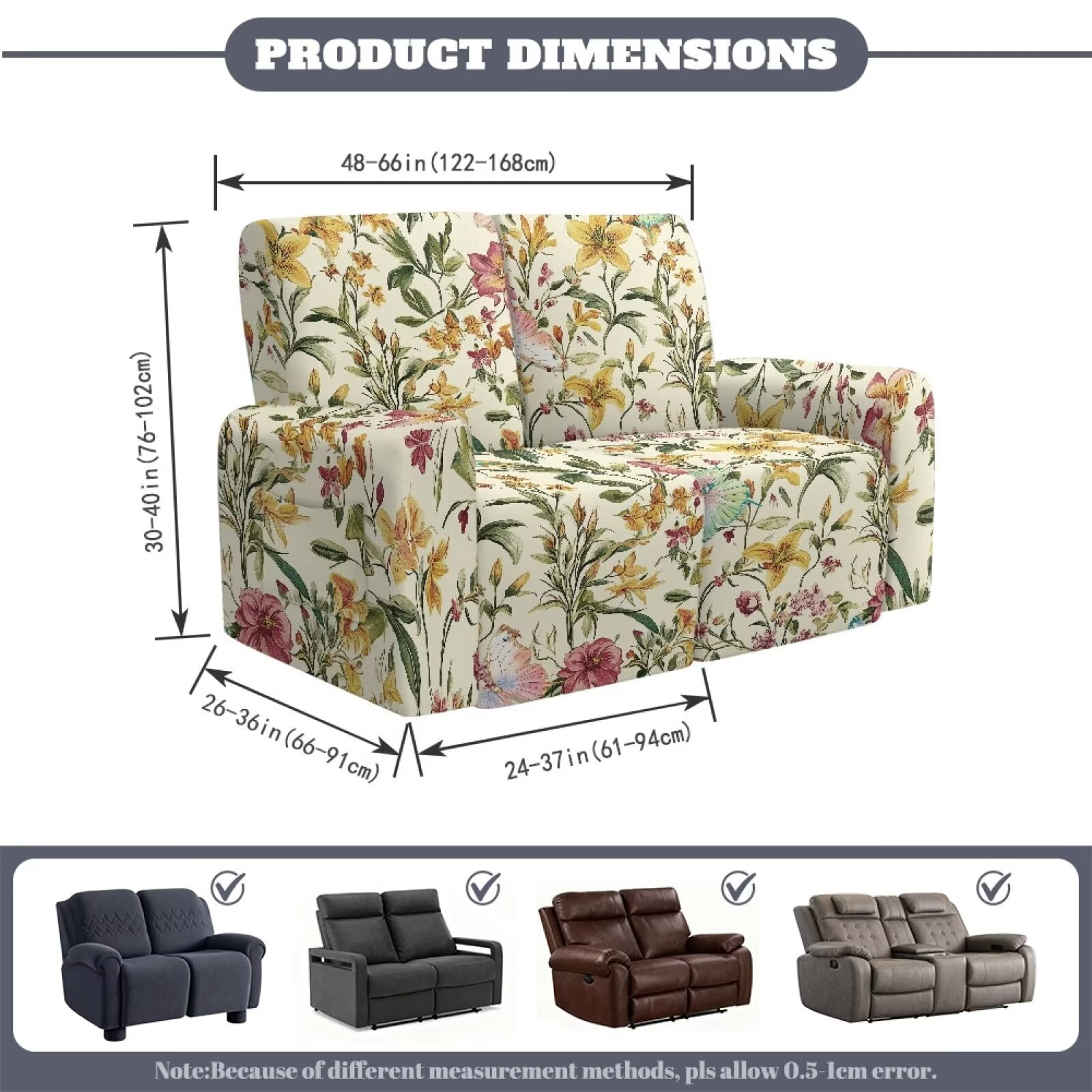 Yuyamidu Floral Print Loveseat Recliner Covers 2 Seater Stretch Recliner Loveseat Slipcover with Pockets Easy to Install Reclining Couch Covers Gift for Friends