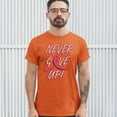 thumbnail image 3 of Tee Hunt Breast Cancer Awareness Never Give Up T-shirt Pink Ribbon Men's Tee, Orange, Small, 3 of 5